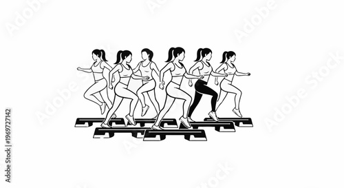 Group of women performing aerobic step exercises in a line