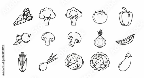Diverse outline drawings of various fresh vegetables are arranged in rows