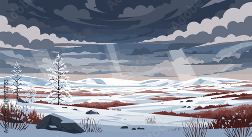 Pixel Art Winter Landscape with Snowy Tundra and Dramatic Stormy Sky