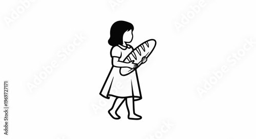 Simple line drawing of a person in a dress holding a long loaf of bread