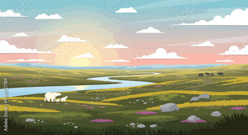 Arctic Tundra Landscape with Polar Bear Mother and Cub at Sunset