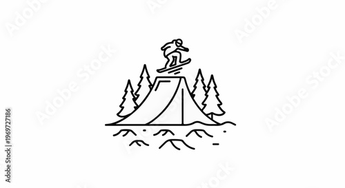 Snowboarder jumps over tent in forest with trees and terrain