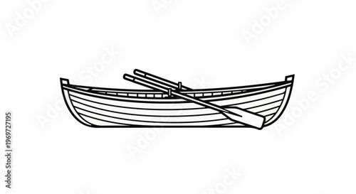 Minimalist line art of a wooden rowboat with oars resting inside