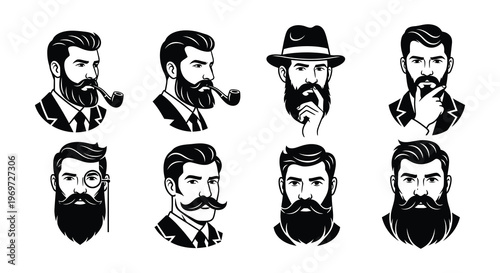 Collection of vintage style black and white illustrations of bearded men