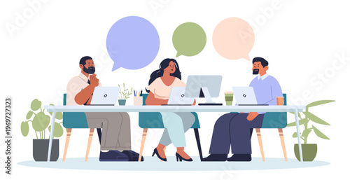 Business meeting teamwork office discussion collaboration diverse team working at desk with laptops plants speech bubbles modern workplace