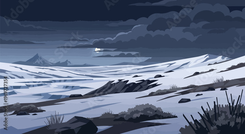 Pixel Art Winter Landscape with Snowy Mountains and Moonlit Clouds