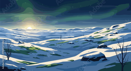 Pixel Art Landscape of Snowy Tundra with Aurora Borealis at Sunset