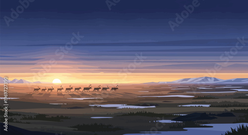 Arctic Tundra Landscape with Reindeer Herd at Sunset
