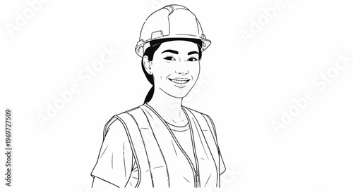 Smiling woman wearing hard hat and safety vest