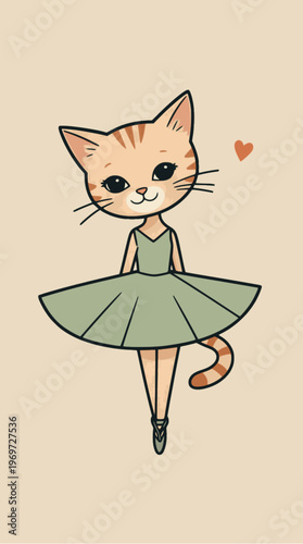 Cute ballerina cat single pointe A detailed charming flat vector illustration of a sweet orange tabby cat standing gracefully on one single pointe shoe.