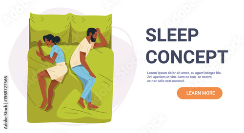 Couple sleeping bed top view night rest bedroom green blanket modern flat design landing page