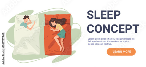 Sleep concept healthy rest man woman sleeping beds flat design pastel colors landing page template