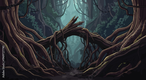 Pixel Art Dark Jungle Landscape with Twisted Tree Roots and Mysterious Forest Path