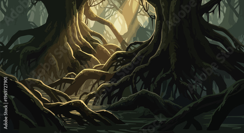Mysterious Dark Forest with Ancient Tree Roots and Glowing Light