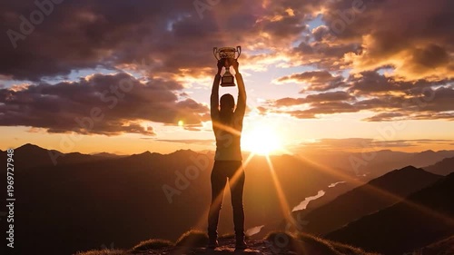 Person holding trophy on mountain peak sunset victory celebration