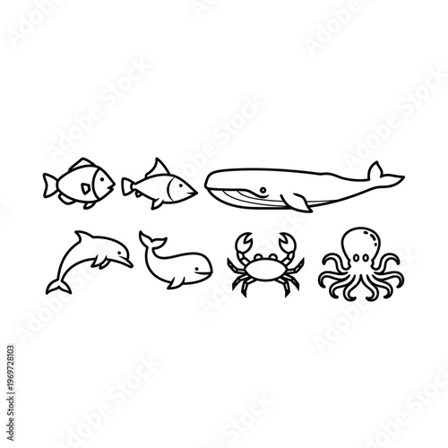 A group of sea creatures including a whale, fish, dolphin, seal, crab, and octopus