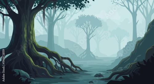 Mysterious Foggy Forest Landscape with Ancient Trees and Exposed Roots