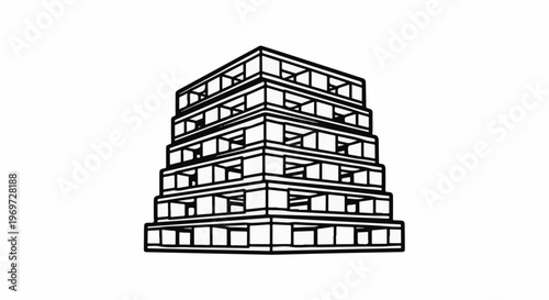 Minimalist line art sketch of a tiered, cuboid structure
