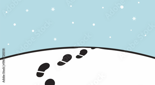 Footprints lead across a snow-covered hill under a blue, snowy sky
