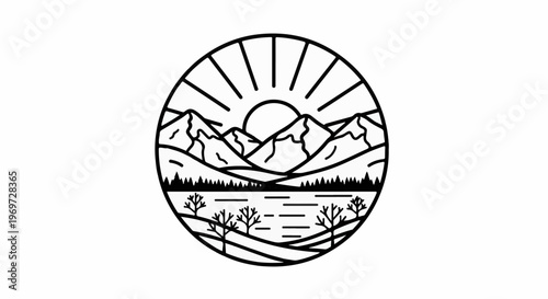 Minimalist circular landscape with sunrise, mountains, lake, and barren trees