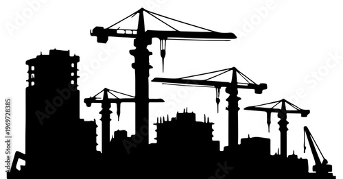 Black silhouette of a construction site with multiple tower cranes and buildings under development isolated on a transparent background
