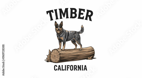 Dog standing on a log with the word TIMBER above and CALIFORNIA below