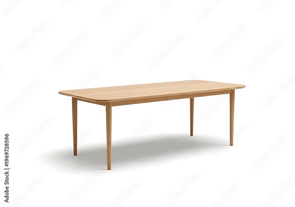 Fototapeta premium A modern light oak rectangular dining table with four tapered legs isolated on a white background