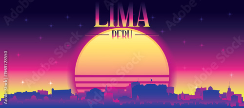 Purple generic retro futuristic synthwave panoramic poster of the city skyline with misty background sunset buildings of LIMA, PERU