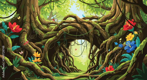 Enchanted Jungle Forest Path with Vibrant Tropical Flowers and Tangled Tree Roots