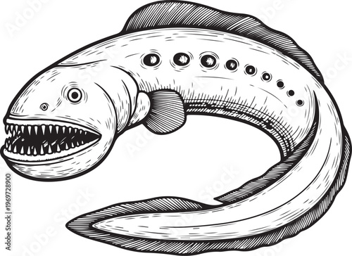 Ancient illustration of a mythical sea creature with sharp teeth and distinctive features hand drawing illustration vector