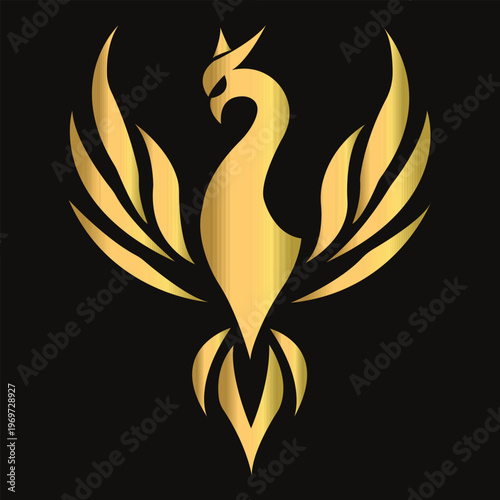 A golden phoenix with outstretched wings and a crown against a dark backgroun