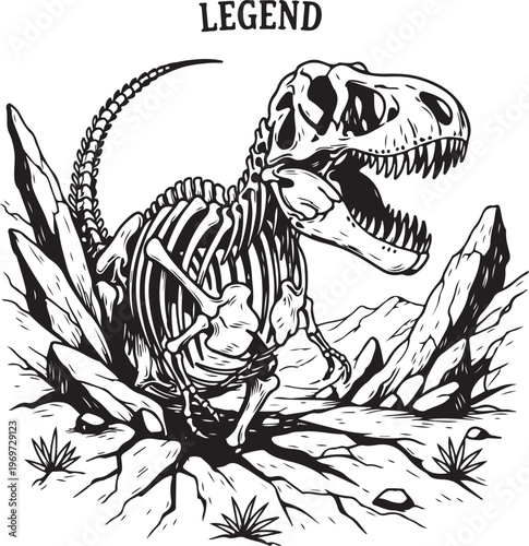 A prehistoric scene featuring a tiny human amidst a towering dinosaur skeleton in a rugged landscape. hand drawing illustration vector