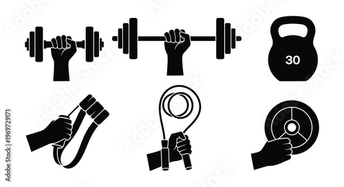Various black silhouette fitness equipment including dumbbells kettlebell and jump rope