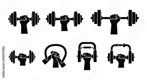 Various black silhouette fitness equipment including dumbbells kettlebell and jump rope