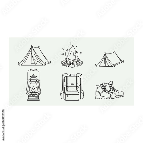 A set of camping icons including a tent and a backpack