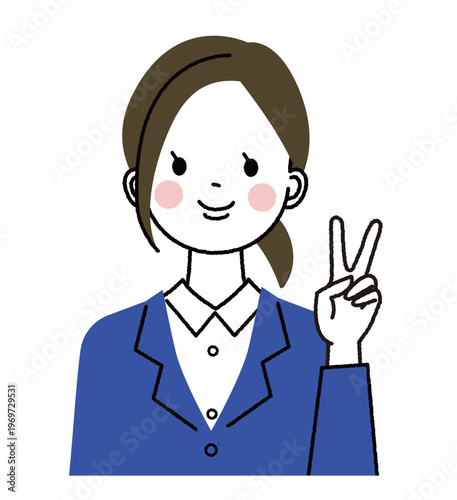 紺色のスーツを着た若い女性　ピースを出して笑顔の女性