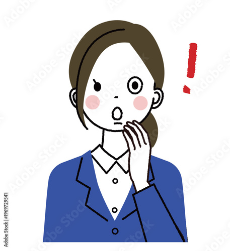 紺色のスーツを着た若い女性　びっくりしている女性