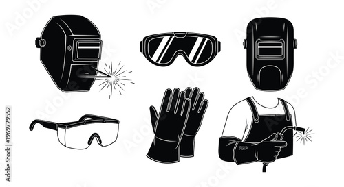 Welding equipment collection masks gloves and protective eyewear illustration