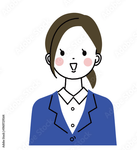 紺色のスーツを着た若い女性　口を開けて笑っている女性