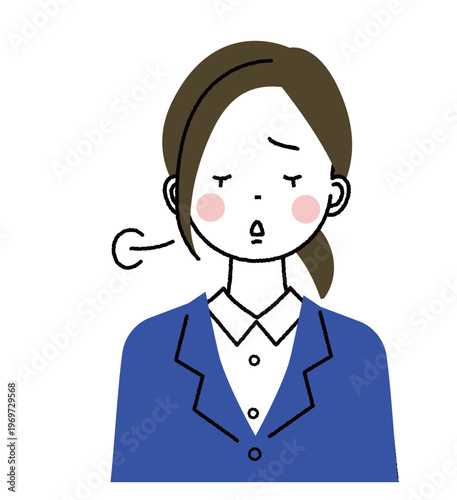 紺色のスーツを着た若い女性　大きくため息をついている女性