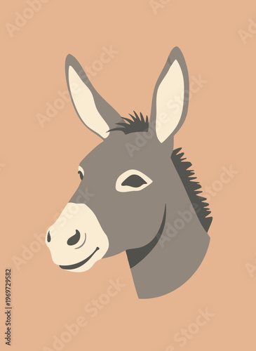 Cute cartoon donkey head illustration, domestic animal, simple vector art, isolated on light background, joyful animal portrait.