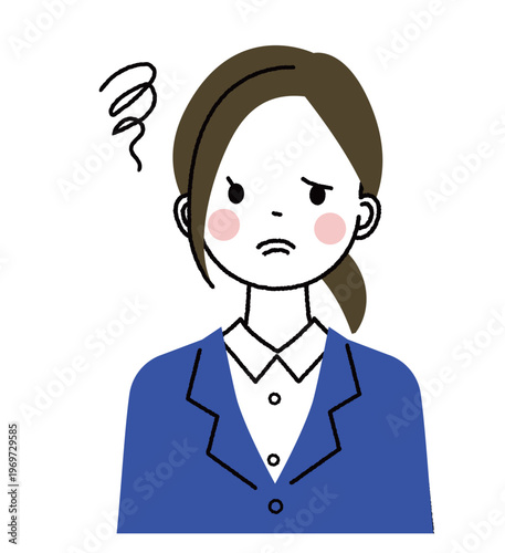 紺色のスーツを着た若い女性　困った表情でモヤモヤとしている女性
