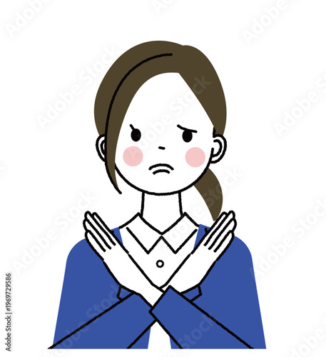 紺色のスーツを着た若い女性　手で大きくバツを見せている女性