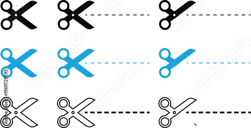 Scissors with dotted cut lines vector icon set for coupons and vouchers