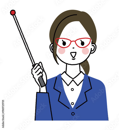 紺色のスーツを着た若い女性　メガネで指示棒をもっている女性