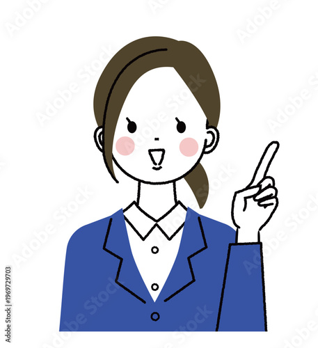 紺色のスーツを着た若い女性　指差しポーズの女性