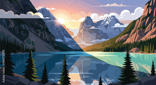 Stunning Mountain Lake Landscape at Sunset Digital Illustration
