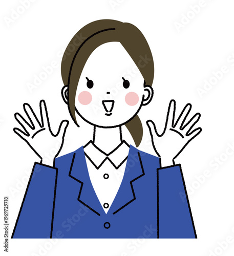 紺色のスーツを着た若い女性　両手で万歳をして喜んでいる女性