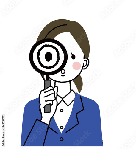 紺色のスーツを着た若い女性　虫眼鏡で見ている女性