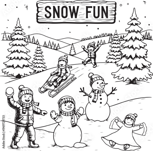 Children enjoying various wintertime activities in a playful snow-filled landscape hand drawing illustration vector
